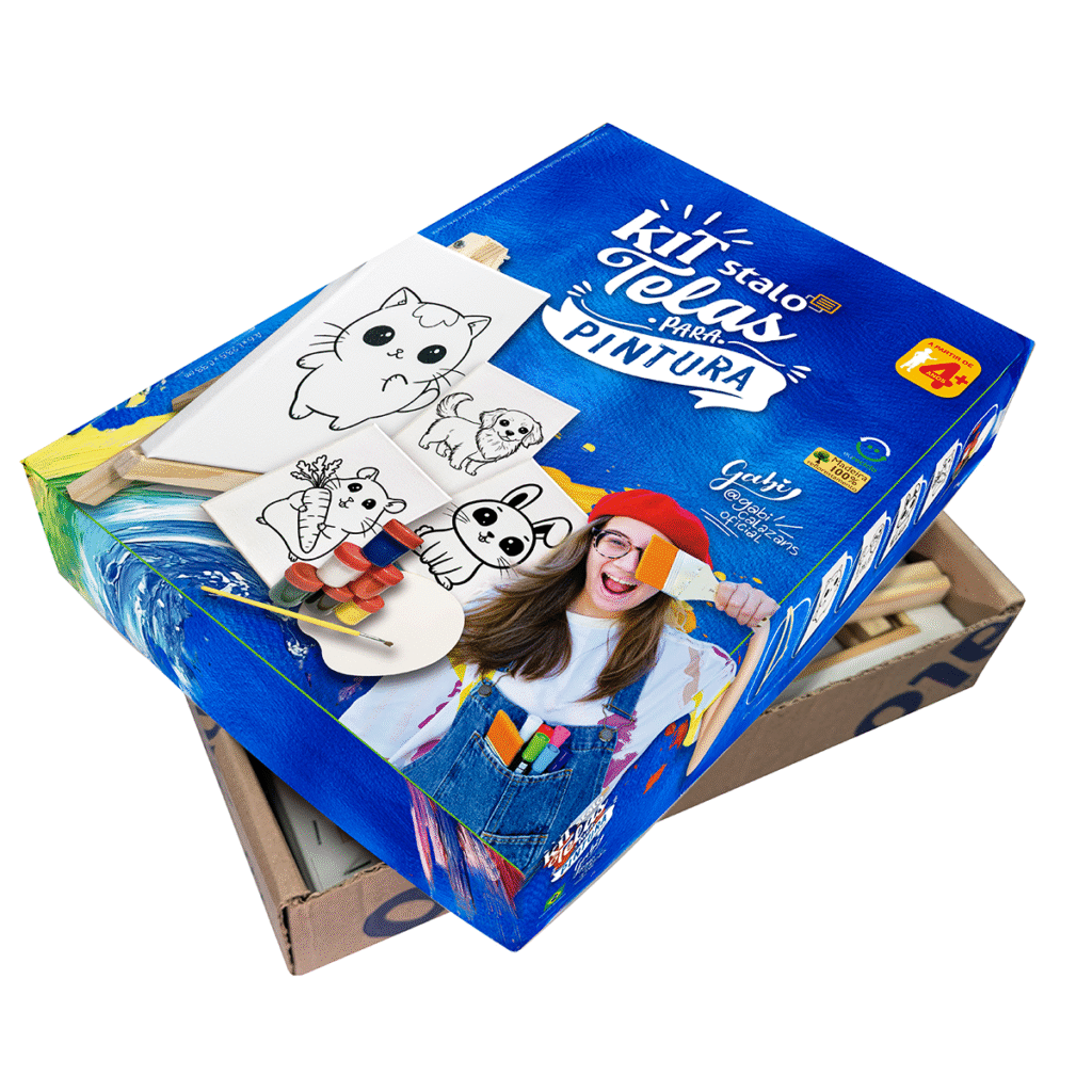 Caixa azul de um kit de pintura infantil com o texto 'Kit Kids Pintura'. A embalagem exibe ilustrações de um gato e um cachorro, além da imagem de uma criança pintando em um cavalete, cercada por materiais artísticos.
