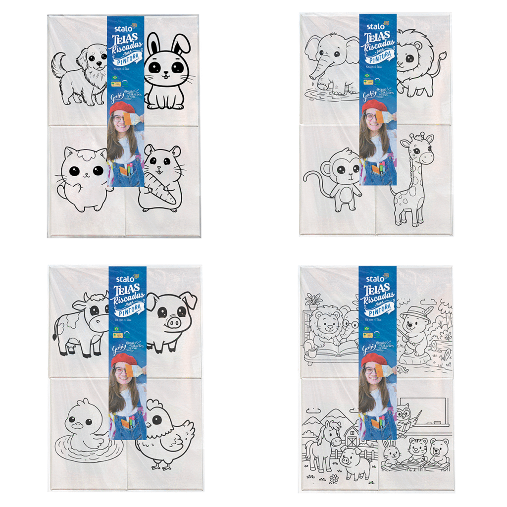 Quatro conjuntos de folhas para colorir com ilustrações de animais variados, como cachorro, gato, elefante, leão, porco e vaca. Cada conjunto apresenta cenas distintas — de fazenda, selva e água.