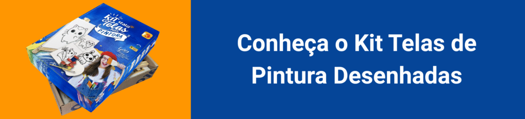 Caixa azul de um kit de telas de pintura com ilustrações de desenhos prontos para colorir, posicionada sobre fundo laranja. À direita, fundo azul com texto branco: "Conheça o Kit Telas de Pintura Desenhadas".